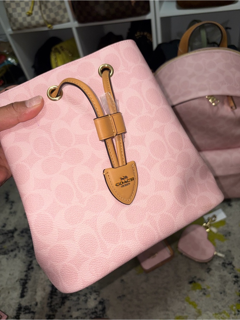 Coach Pink Signature Drawstring Bucket Bag with Tan Trim
